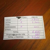 The bill for a whole meal(soup/meat platter/salads/juices/bread/desserts/sauce) for two people  at Govindas Hare Krishna in Valparaiso