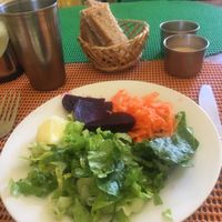 Salad, juice, and bread at Govindas Hare Krishna in Valparaiso