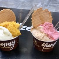 This is lemon & basil with Alphonso mango and fig and raspberry and hibiscus. Both vegan and gluten free. Delicious. at Yummy Helados in Malaga