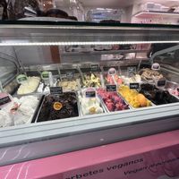 Vegan ice cream options are clearly labeled and in a different display case. Topping and pastry dessert menu not in photo.  at Yummy Helados in Malaga