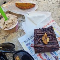 Chorizo empenada,  brownie and ice cream,  all vegan at Yummy Helados in Malaga