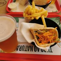 Tofu pita/wrap, fries and beer. at Pao Pao Queijo Queijo in Lisbon