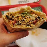 Tofu pita/wrap but I ate half of it to show you the tofu. It's a kinda fishy taste to it, quite nice really. at Pao Pao Queijo Queijo in Lisbon