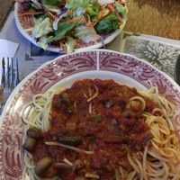 Mushroom sauce and garden side salad at The Old Spaghetti Factory in Abbotsford