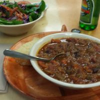 chili with cornbread and a side salad at Laughing Planet Cafe in Bloomington