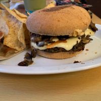 Mushroom Cheese Veggie Burger at Laughing Planet Cafe in Bloomington
