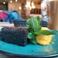 Brownie with mango sorbet at Tel Aviv Urban Food in Lodz
