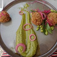 Falefels et pesto de pistaches at Le Caillau in Vire-sur-lot