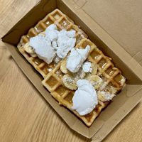 Banana butterscotch waffles with coconut ice creamm  at Oh My Waffle in Burleigh Heads