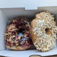 Cherry pie and toasted coconut donuts at V Food Spot in London