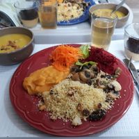 Marrakesh couscous, sweet potato puree, sauteed mushroom, salad, soup and vanilla pudding with oreo. Amazing daily menu. at Fast Vegan in Castelo Branco