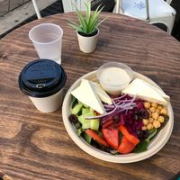 Mediterranean bowl (tofu chunks, not feta). Cafe con (almond) leche.  at Miami Fresh Cafe in Miami