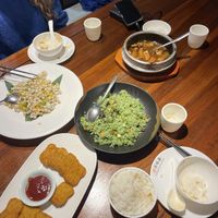 Vegan chicken nuggets, tofu with mushrooms, rice with veggies, corn, peas and glutinous rice   at Ji Ming Temple Vegetarian Diet in Nanjing
