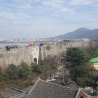 View through window from restaurant at the top of the temple at Ji Ming Temple Vegetarian Diet in Nanjing