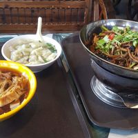 In the restaurant at the top of the temple: Veg chicken noodle soup (meh), wonton soup (good), dry pot mushrooms (good) at Ji Ming Temple Vegetarian Diet in Nanjing