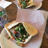 Pitta with tahini, falafel and salad at Kimos Cafe in Liverpool