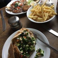 Falafel in pitta, fries, foule  at Kimos Cafe in Liverpool