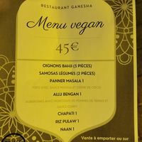 Menú vegan at Ganesha Restaurant in Strasbourg