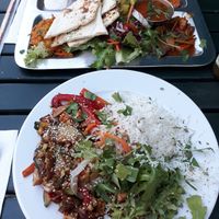 Tofu Teriyaki (front, vegan) and Thali (vegetarian)  at W Der Imbiss - Prenzlauer Berg in Berlin