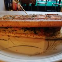 Focaccia with peanut butter, veg and their own pea version of avocado at The Glasvegan in Glasgow