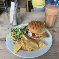 Hawaiian Vacation chickun burger and smoothie  at The Glasvegan in Glasgow