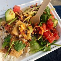 close up of the teriyaki tofu rice box at Red Panda in Lyme Regis