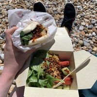 Vegan teriyaki tofu bao bun and salad box  at Red Panda in Lyme Regis