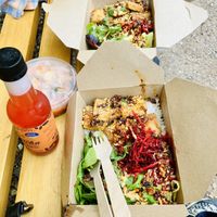 Delicious Teriyaki Tofu, Rice and Salad…well worth price ..,kimchi on side…perfect to eat in gardens …staff lovely and helpful…ordered and picked up after dog walk 🌟🌟 at Red Panda in Lyme Regis