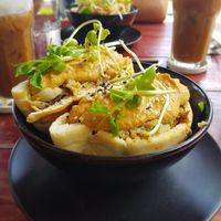 Pita's and iced coffee with almond milk at Buzz Organic Food & Drink in Ao Nang