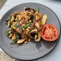 Vegan Breakfast - beans, mushroom, spinach, nuttelex, tomato, onion  at The Farmer's Wife in Port Fairy