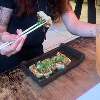 Veggie gyoza + pink grapefruit drinkie poo  at Jazushi in Surry Hills