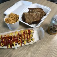Hot dog, mac and cheese and Reuben  at Indy's Vegan Kitchen in Swindon