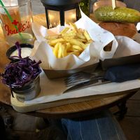 Vegan sausage patty with pesto, sundried tomato, beetroot crisps, with chips and slaw  at The Dolphin Inn in Shrewsbury