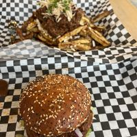 Buffalo boon burger with gluten-free bun and pulled-jack poutine   #Veganuary at Boon Burger Cafe in Oakville