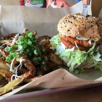 Spicy Buffalo Chick’n Burger with Poutine  at Boon Burger Cafe in Oakville