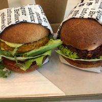 A mockingjay and a carrot burger at Matrjoska Kroshka vegan restaurant. at Matrjoska Kroshka in Budapest
