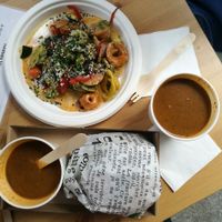 Pezmal and burger with hot mushroom soup at Matrjoska Kroshka in Budapest