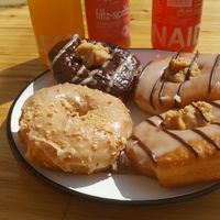 Chocolate peanut fudge, 2 banana peanut fudge and salted caramel. at Brammibal's Donuts - Prenzlauer Berg in Berlin
