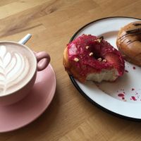 Hot chocolate, beetroot & walnut donut, Irish cream donut at Brammibal's at Brammibal's Donuts - Prenzlauer Berg in Berlin