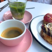 Matcha latte, espresso and 2 donuts cost over 14€... at Brammibal's Donuts - Prenzlauer Berg in Berlin