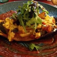 Aubergine stuffed with ratatouille and vegan cheese at Chickpea in Liverpool