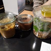 Lentils stew, chocolate mousse and salad. Also visible chocolate with puffed rice in the corner at Moi in Lyon