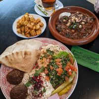 Vegan mezze platter + potatoes (top right dish not vegan, just vegetarian) at Comptoir Libanais in Utrecht