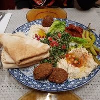 2 person mezze, with muhammara instead of the cheese and non-vegan dip at Comptoir Libanais in Utrecht