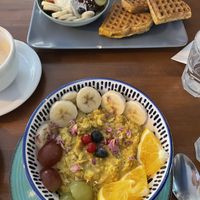 Porridge and waffles   at Bez Lukru in Wroclaw