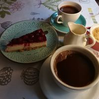Hot chocolate, 5 elements coffee, cherry cheeze cake at Bez Lukru in Wroclaw