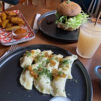 Russian dumplings, baked sweet potatoes, portobella burger  at Bez Lukru in Wroclaw