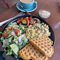 Tofu scramble, extra Hummus, extra carrot waffles   at Bez Lukru in Wroclaw