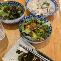 Cucumber salad, seaweed salad, steamed veggie dumplings (opt for fried instead!) at La Maison de Mademoiselle Dumpling in Montreal