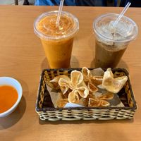 Vegan wontons, Thai tea & Vietnamese coffee with coconut cream at Saigon Jade in Mesa